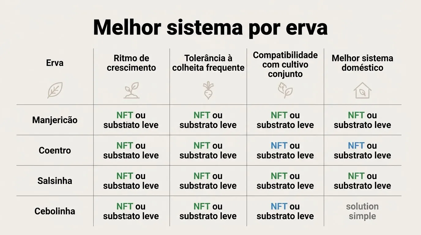 Comparativo visual de qual sistema hidropônico combina melhor com manjericão, coentro, salsinha e cebolinha.