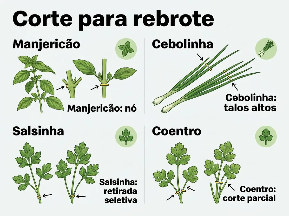 Infográfico com pontos de corte e passos para colher manjericão, coentro, salsinha e cebolinha na hidroponia sem reduzir o rebrote.