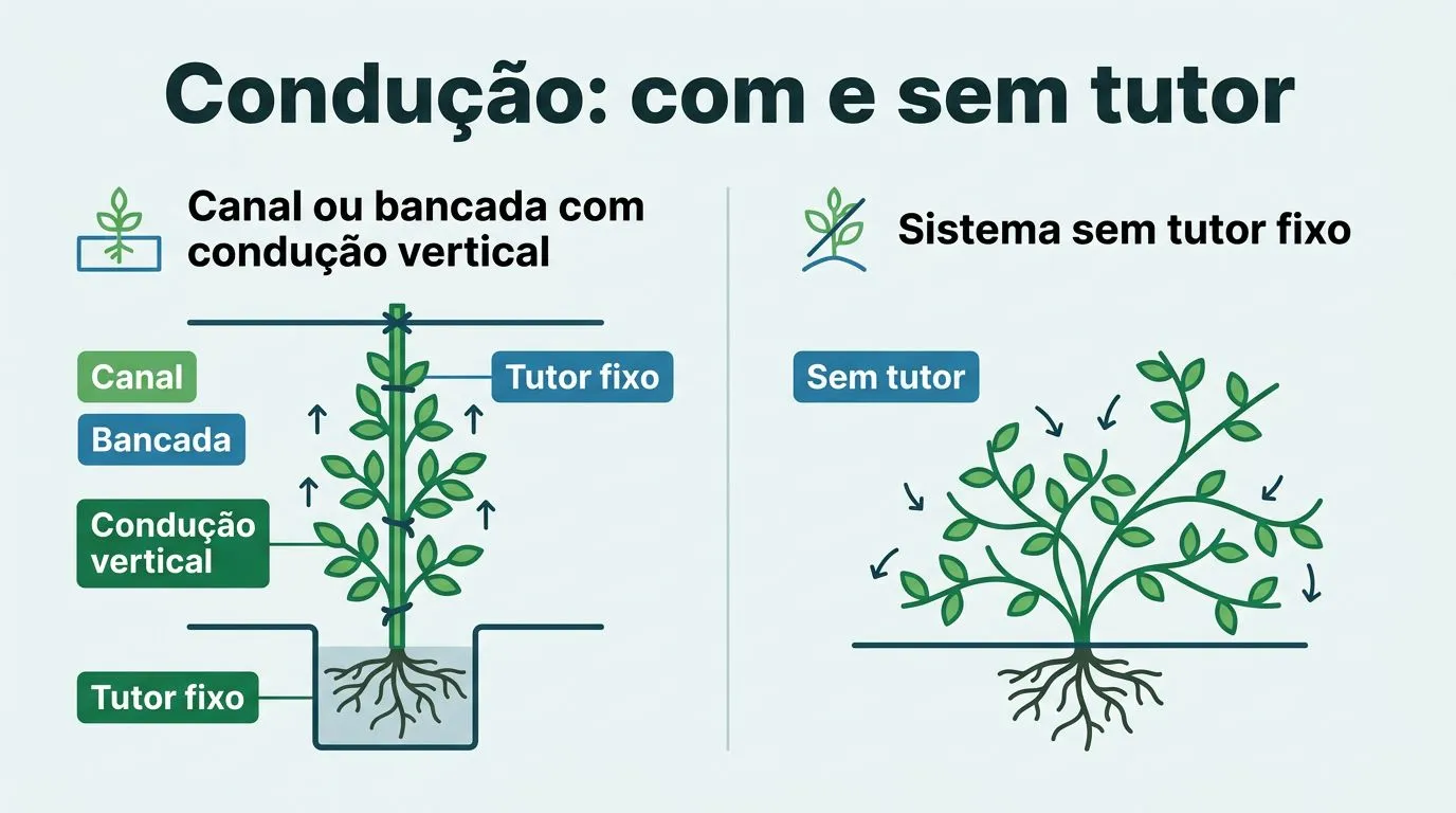 Comparação visual entre canal/bancada com condução vertical e sistema sem tutor fixo para pepino hidropônico, com ramos e amarrações ilustrados.