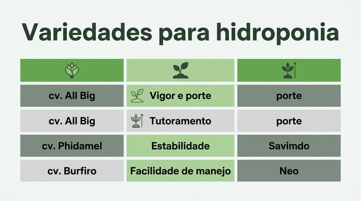 Comparativo visual de variedades de pimentão para hidroponia caseira com critérios como porte, tutoramento e manejo.