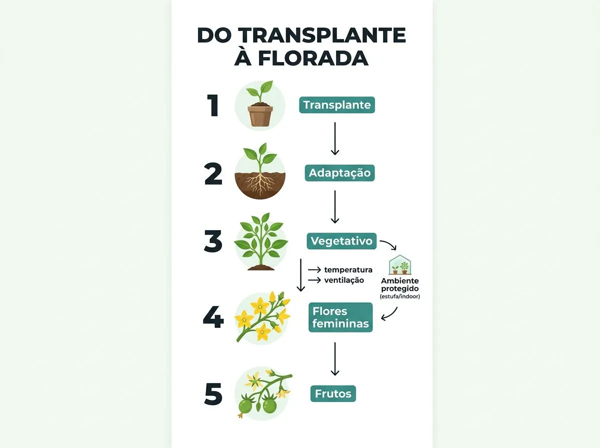 Infográfico do ciclo do pepino hidropônico: transplante, adaptação, vegetativo, transição para flores femininas e formação de frutos.