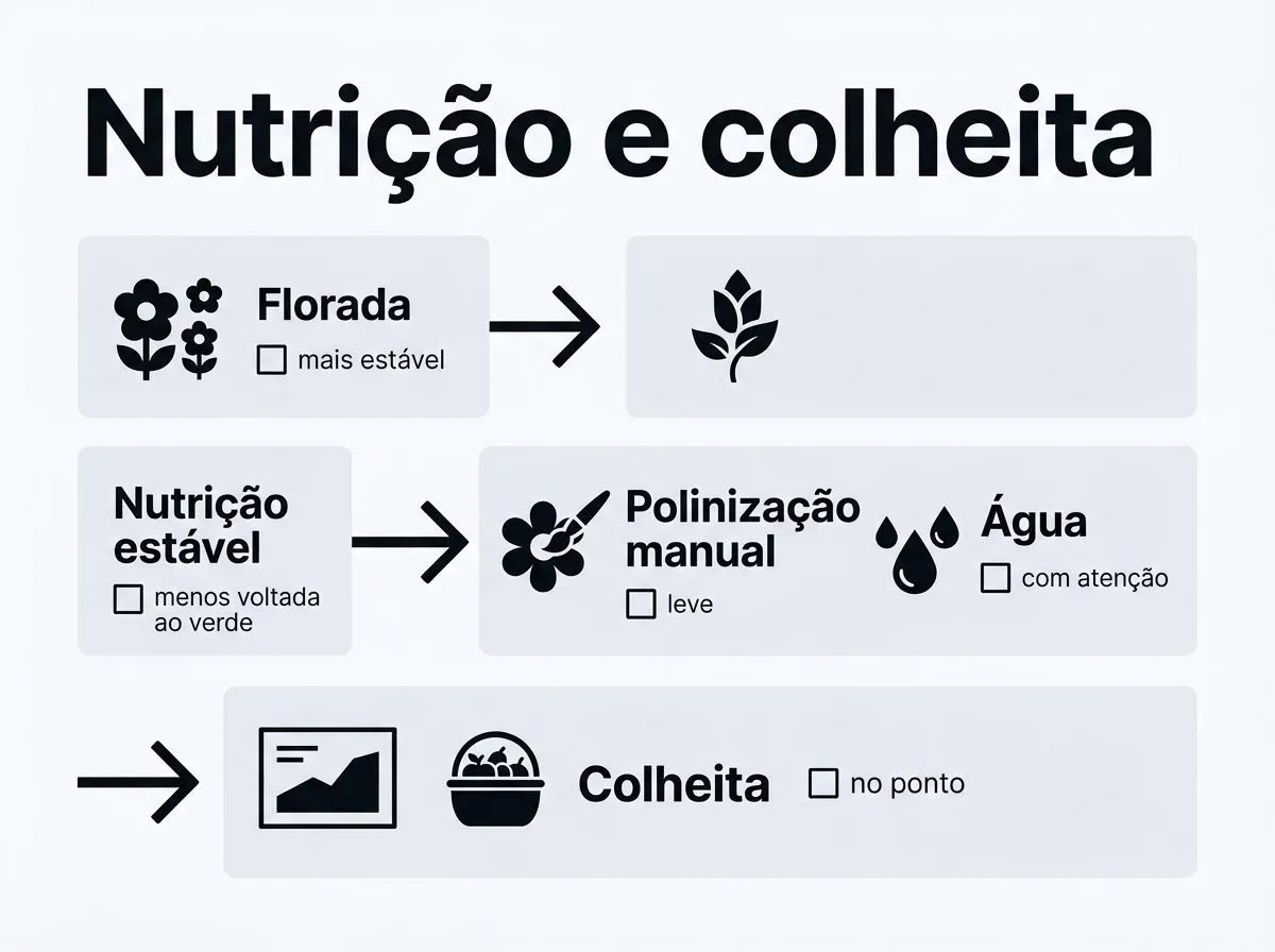 Infográfico sobre ajuste de nutrição, polinização manual, água e ponto de colheita para pimentão hidropônico em casa.