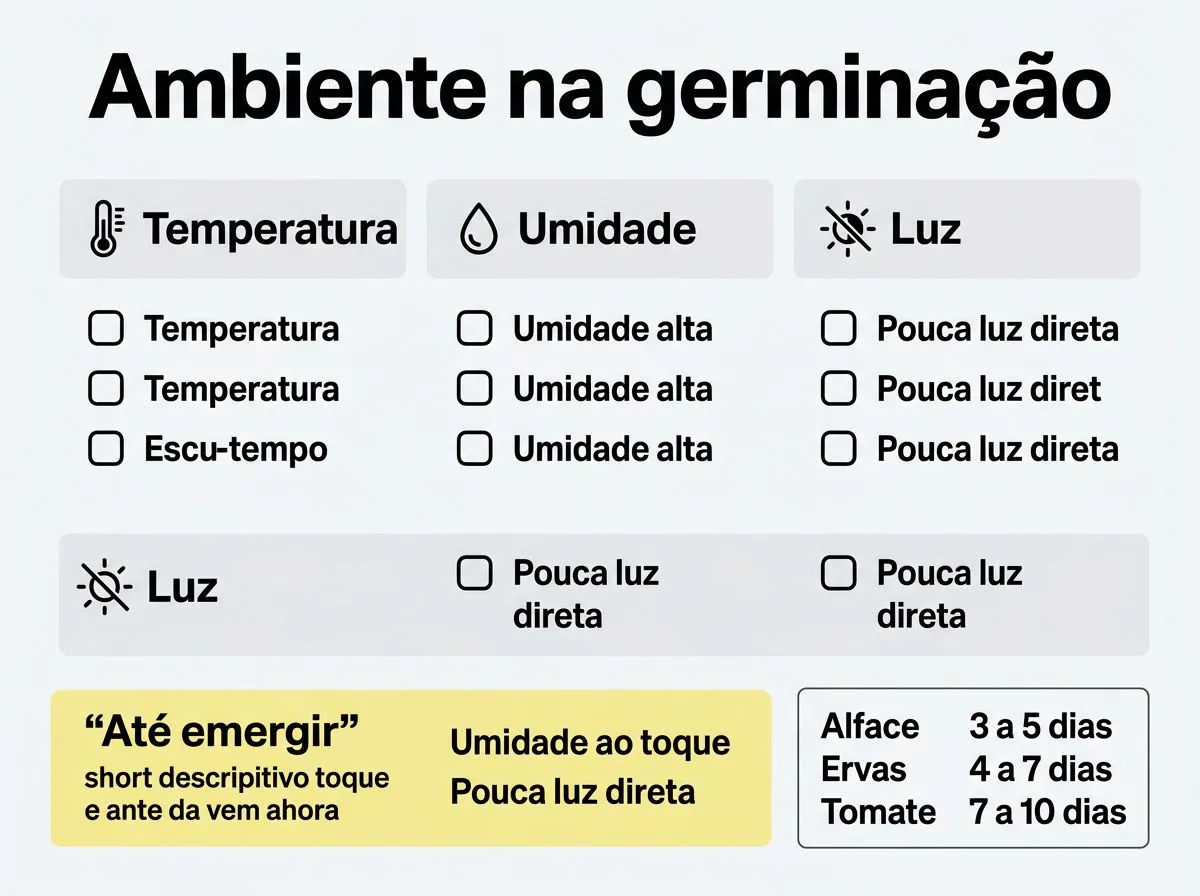Infográfico com temperatura, umidade e luz ideais para germinação em hidroponia, incluindo prazos por cultura.