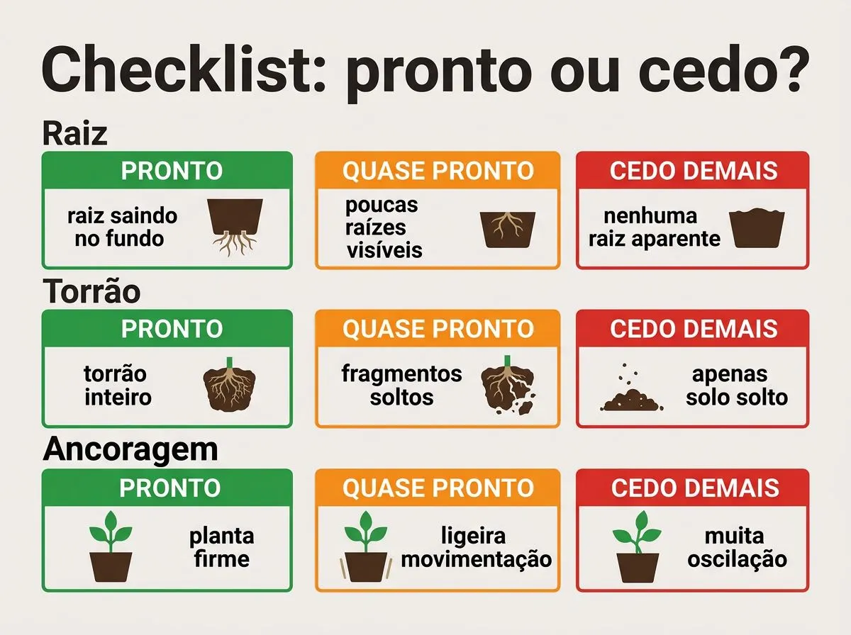 Infográfico de checklist com estados PRONTO, QUASE PRONTO e CEDO DEMAIS para decidir a hora do transplante em hidroponia.