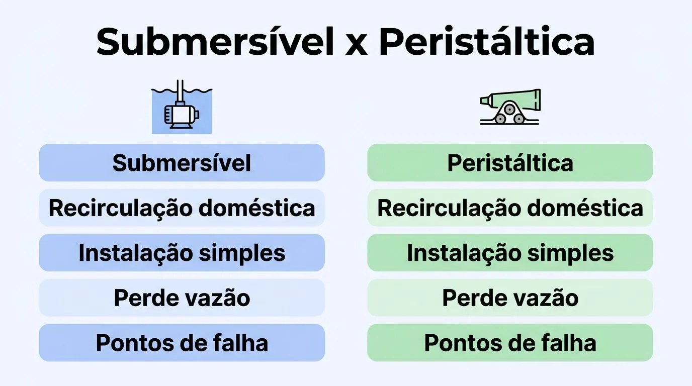 Comparativo visual entre bomba submersível e peristáltica para hidroponia, com onde usar, vantagens e limites.