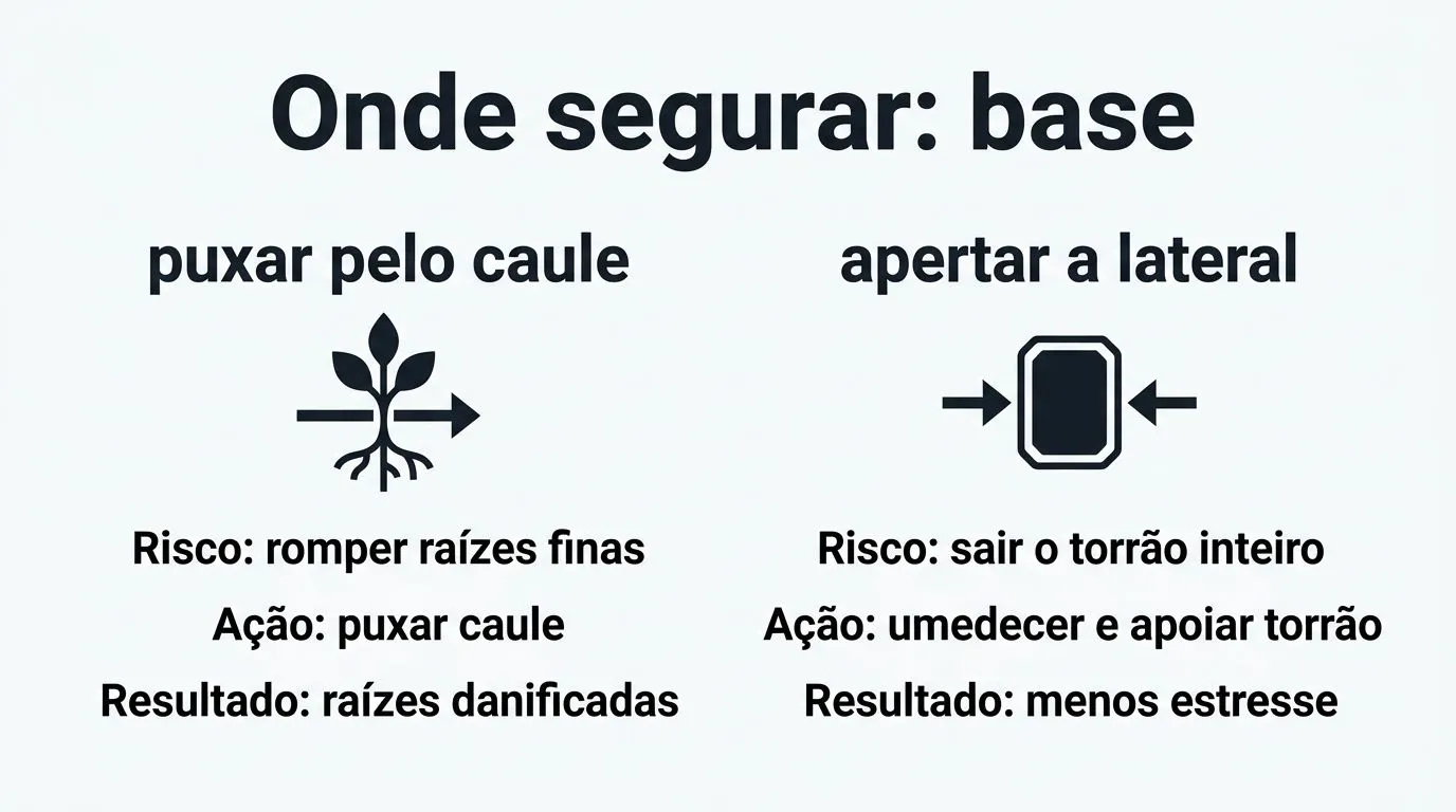 Comparativo visual de como remover mudas: puxar pelo caule versus retirar apoiando e apertando a lateral para manter o torrão inteiro.