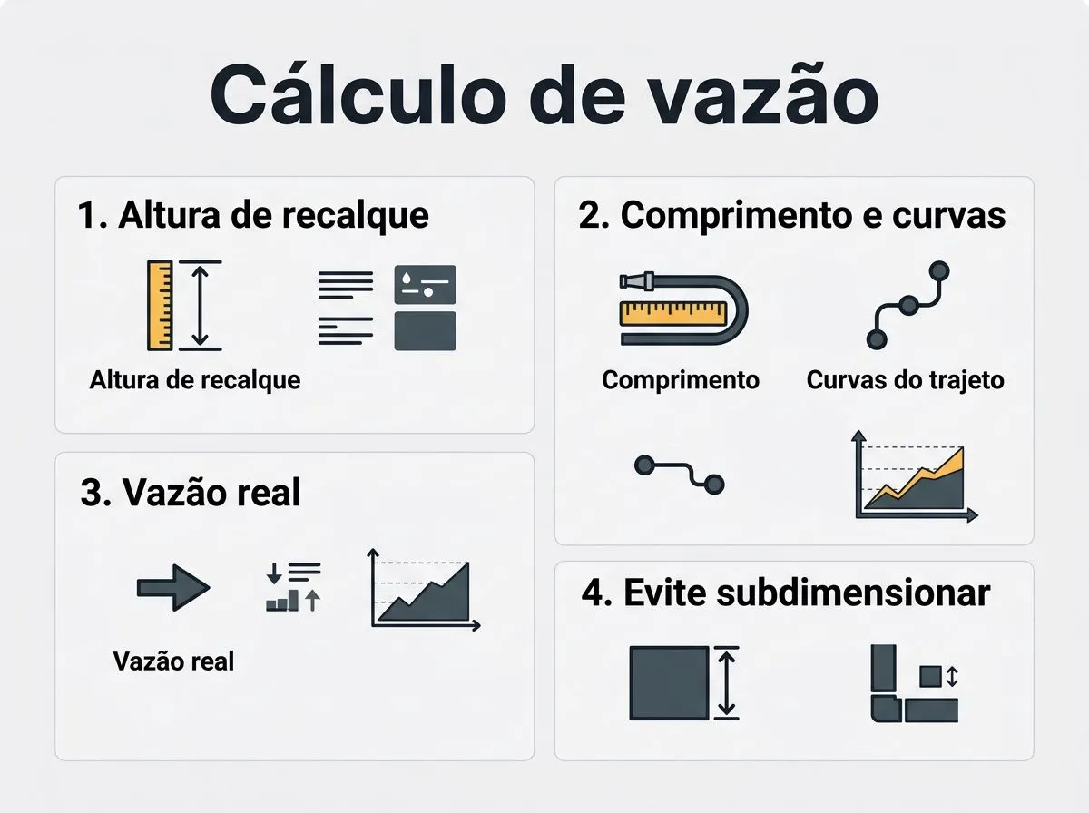 Infográfico explicando como calcular a vazão necessária na hidroponia considerando altura de recalque, comprimento e curvas.