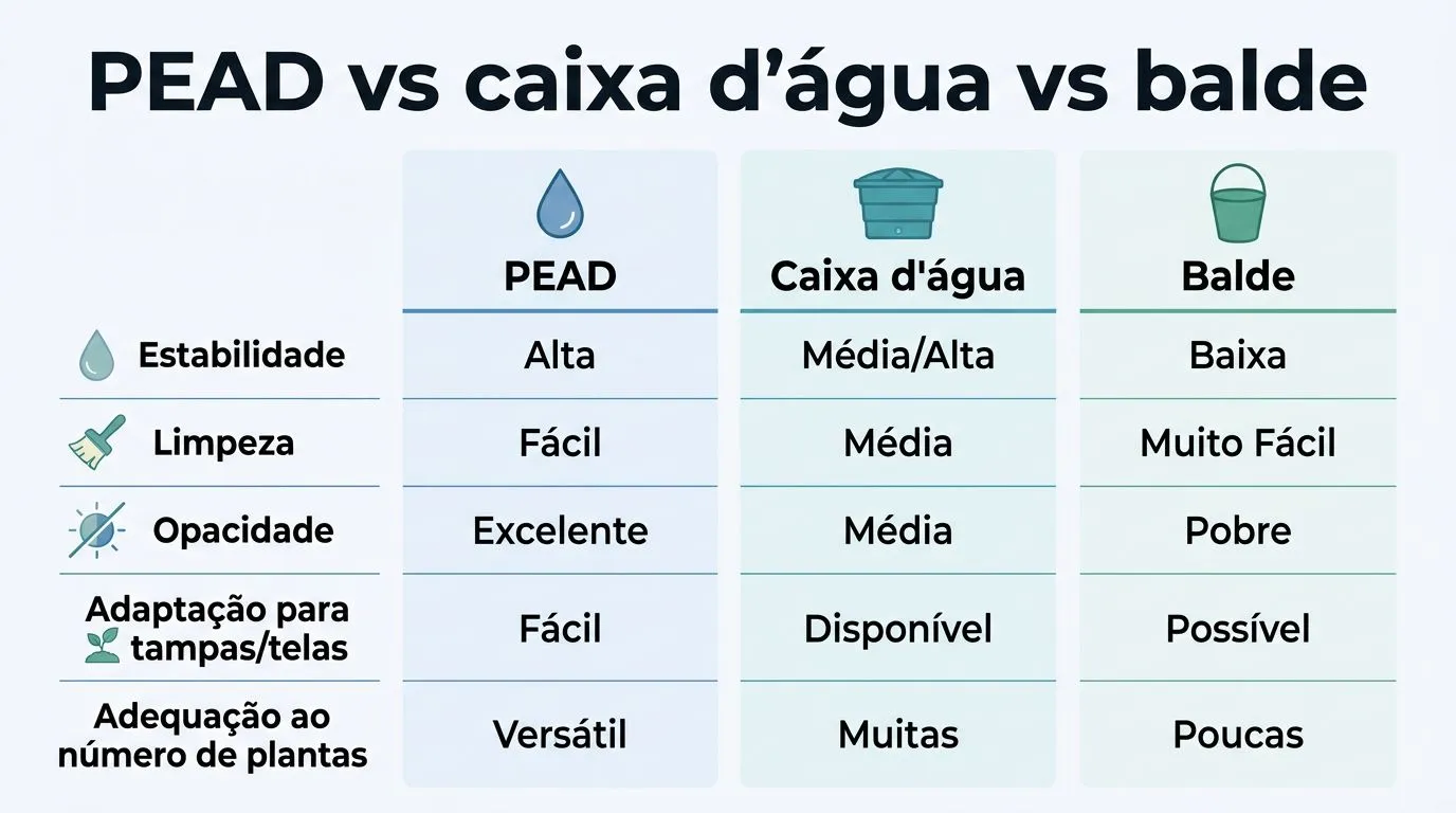 Comparativo de materiais de reservatório hidroponia: PEAD, caixa d'água e balde