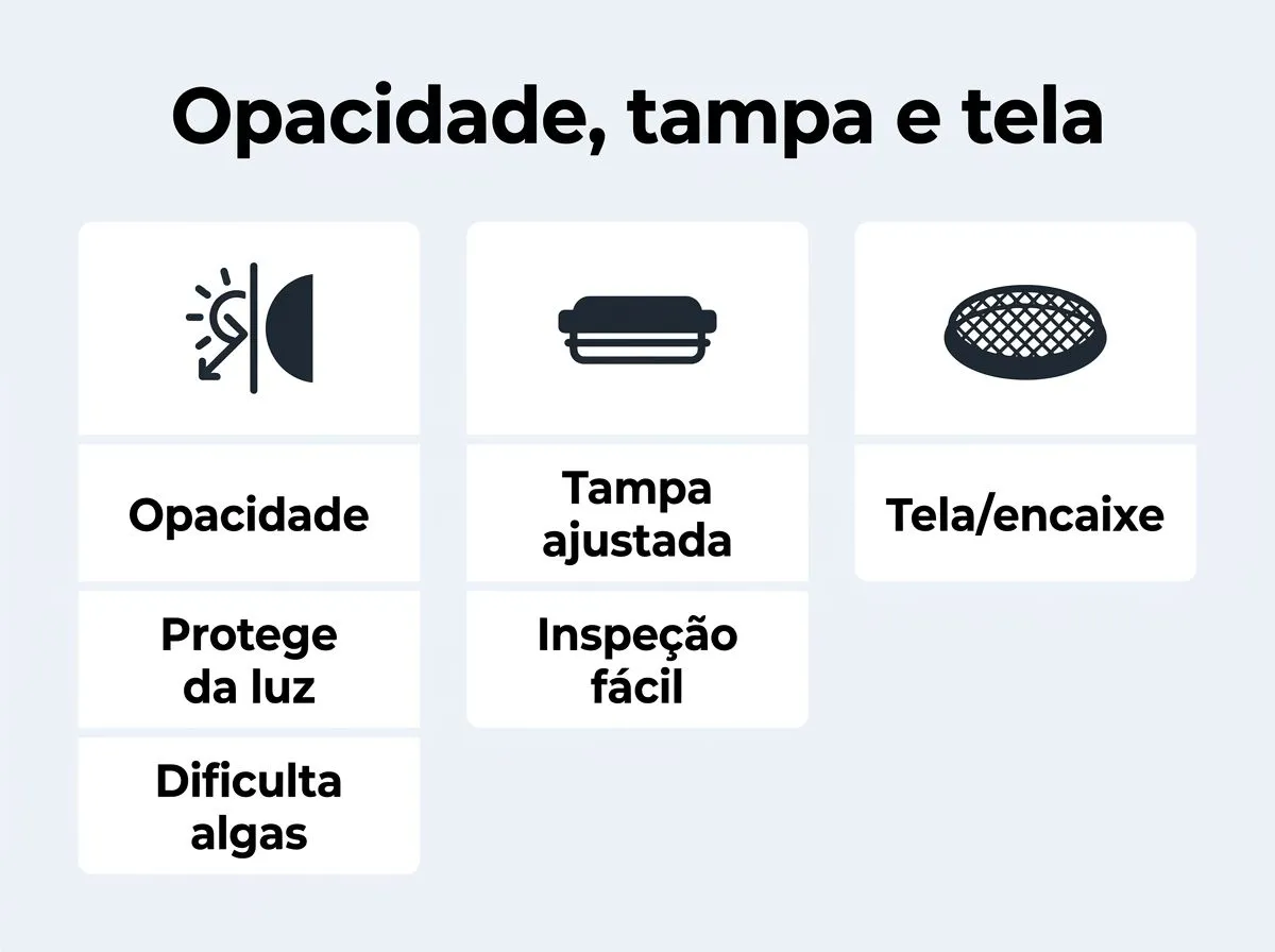 Checklist de opacidade, tampa e tela para evitar problemas no reservatório hidroponia