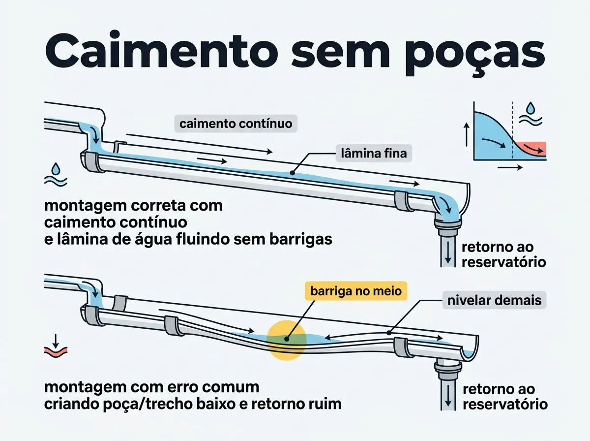 Diagrama do caimento e fluxo de água na calha NFT sem poças