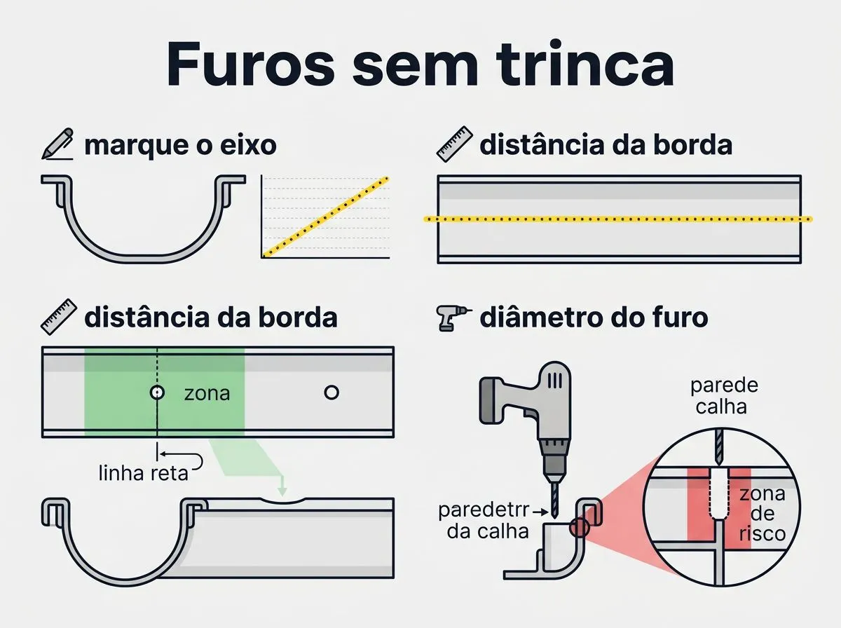 Infográfico mostrando como preparar furos para copos sem enfraquecer a calha