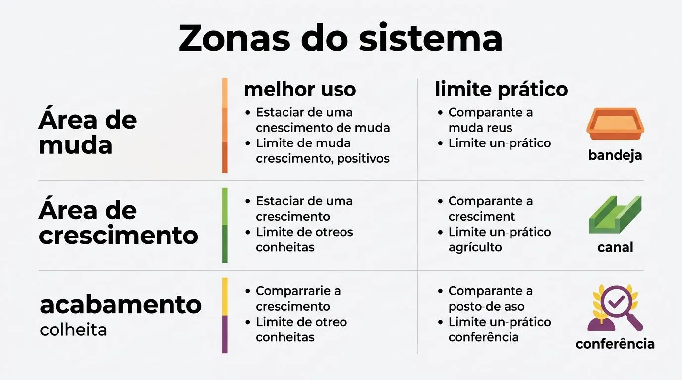Comparativo visual mostrando como dividir o sistema hidropônico doméstico em zonas (muda, crescimento e acabamento/colheita) para receber lotes contínuos.