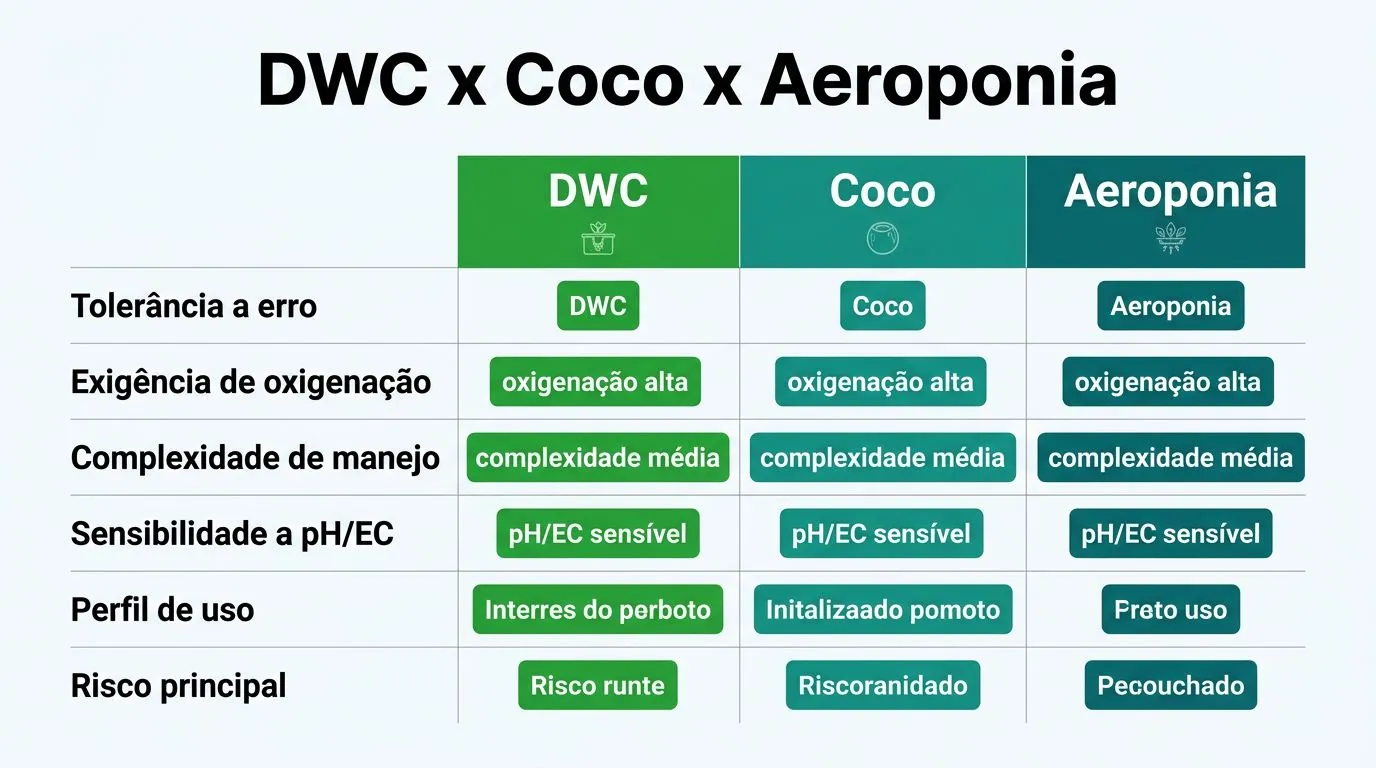 Infográfico comparando DWC, coco e aeroponia com critérios de manejo e sensibilidade, com texto renderizado no gráfico.