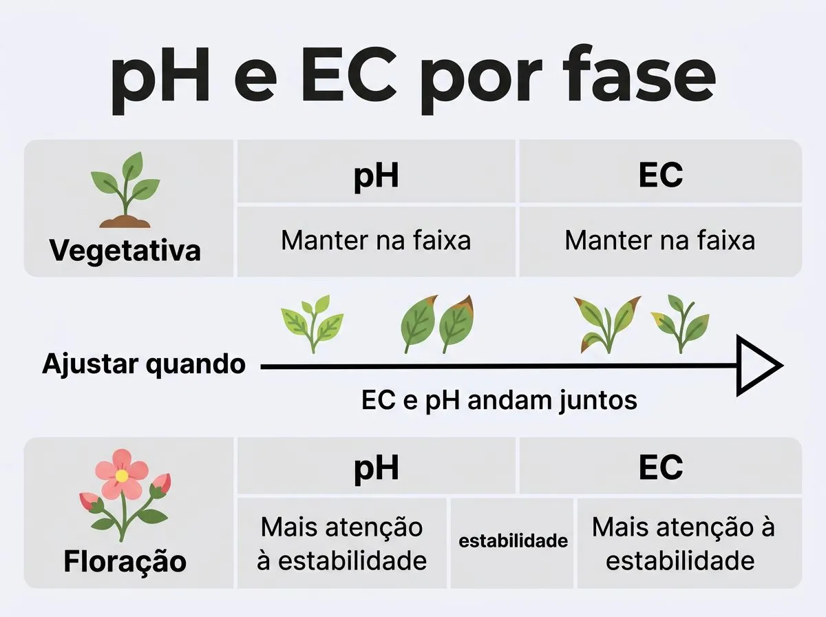 Infográfico mostrando pH e EC por fase (vegetativa e floração) com gatilhos de ajuste e relação entre os dois parâmetros.