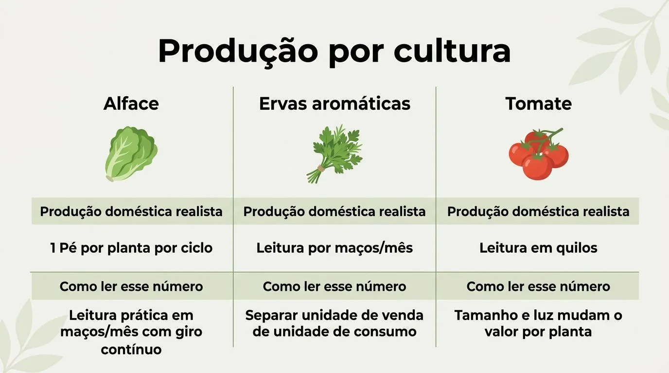 Infográfico comparando produção doméstica de alface, ervas aromáticas e tomate na hidroponia caseira