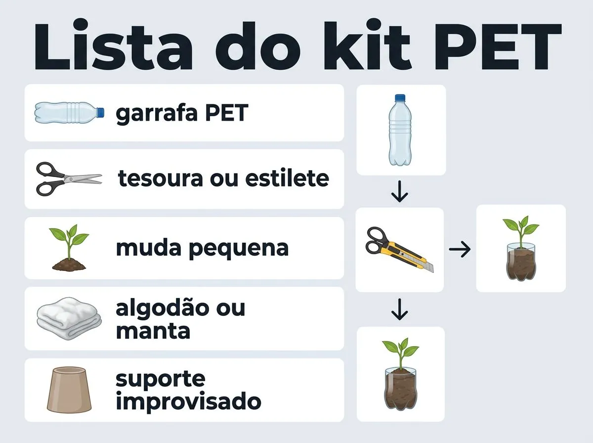 Infográfico com lista de materiais e sequência curta para montar hidroponia com garrafa PET.