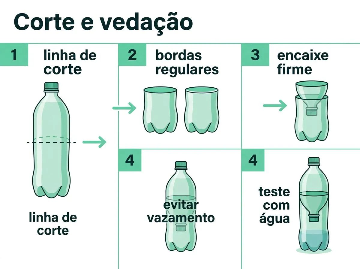 Infográfico ensinando a cortar a garrafa PET, montar o encaixe e evitar vazamentos na hidroponia.