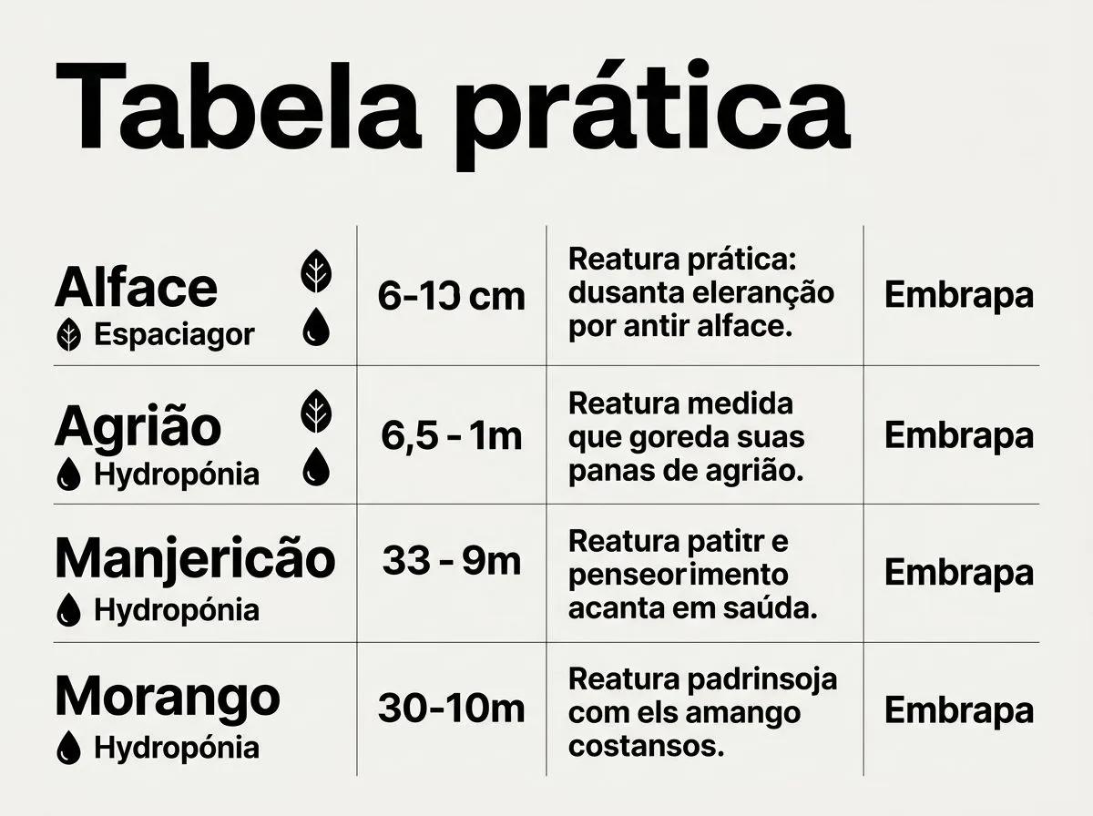 Infográfico com faixa inicial de espaçamento por espécie para usar como ponto de partida em hidroponia.