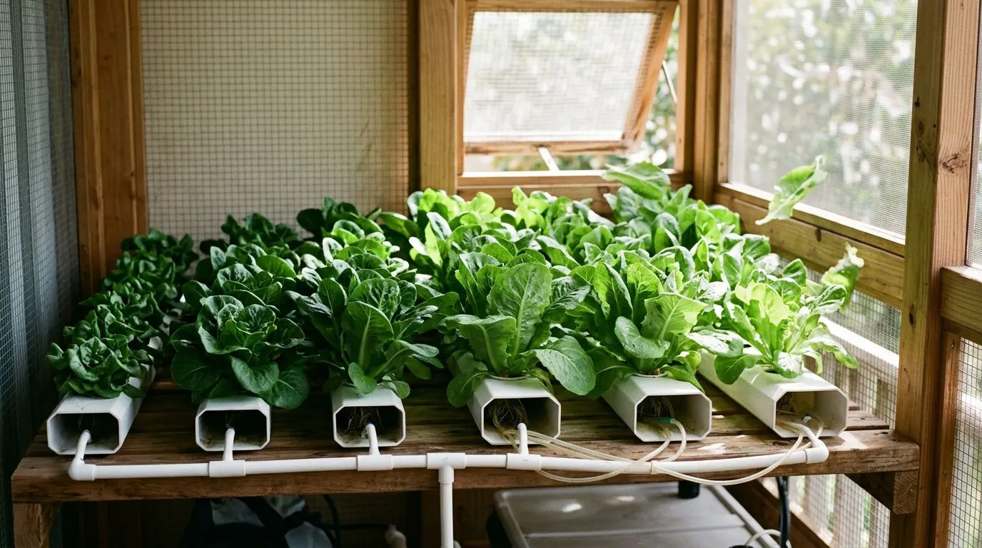 Plantas em hidroponia mostrando como o espaçamento altera luz lateral e umidade entre folhas.