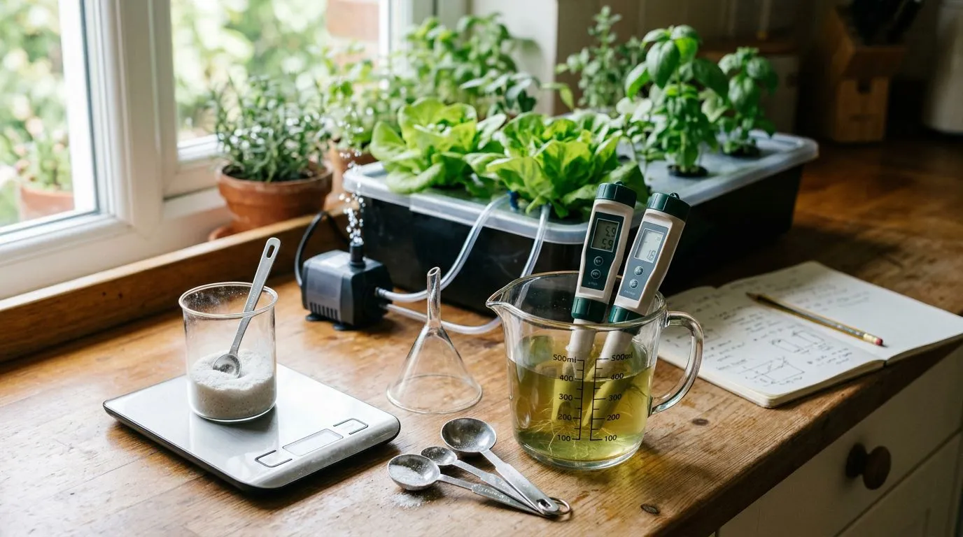 Solução nutritiva caseira na hidroponia: sais, diluição, pureza e quando a solução pronta compensa