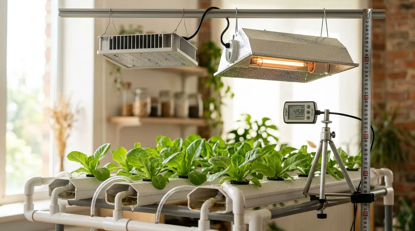 Luz artificial para plantas na hidroponia: como escolher LED, comparar com HPS, medir PPFD e acertar a altura