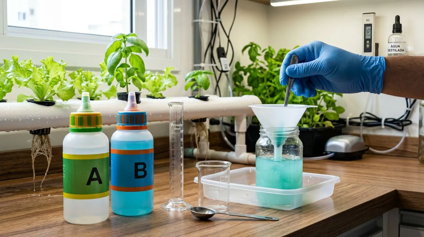 Fertilizante A+B para hidroponia: como escolher, diluir e trocar a solução sem erro