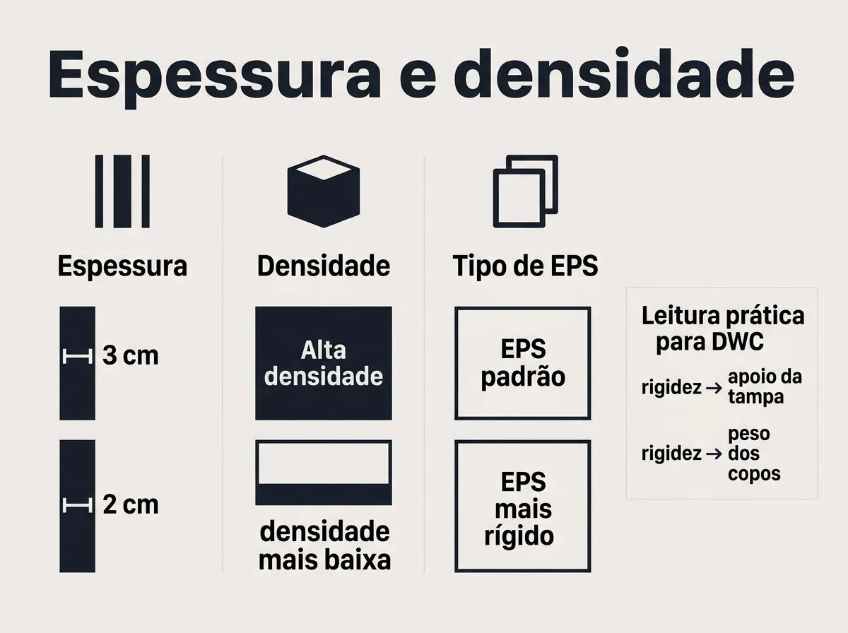 Infográfico sobre como escolher espessura e densidade do EPS para tampa flutuante em DWC