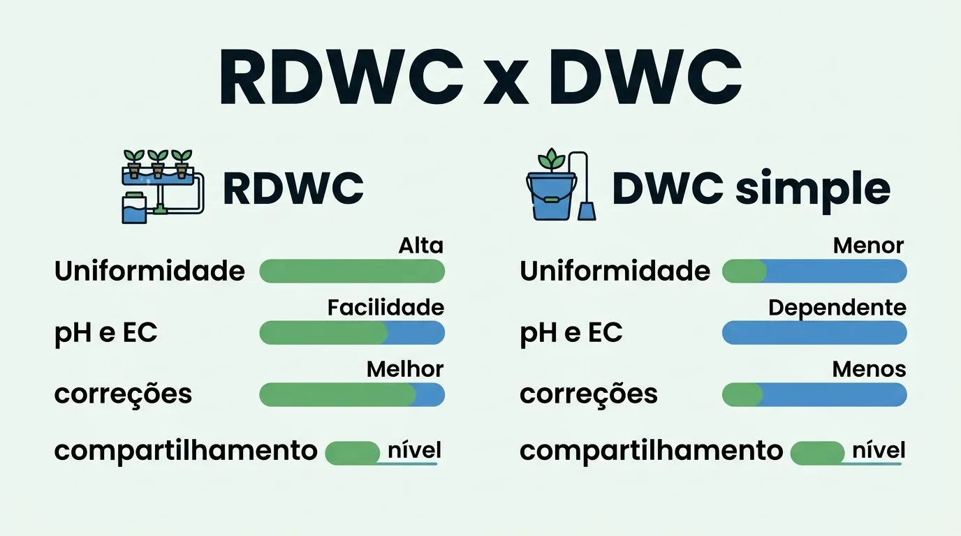 Comparativo entre RDWC e DWC simples por critérios como uniformidade da solução, correção de pH e EC, correções em conjunto, compartilhamento e controle de nível.