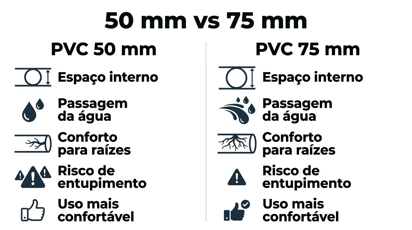 Comparação visual entre canos PVC de 50 mm e 75 mm para hidroponia em casa.