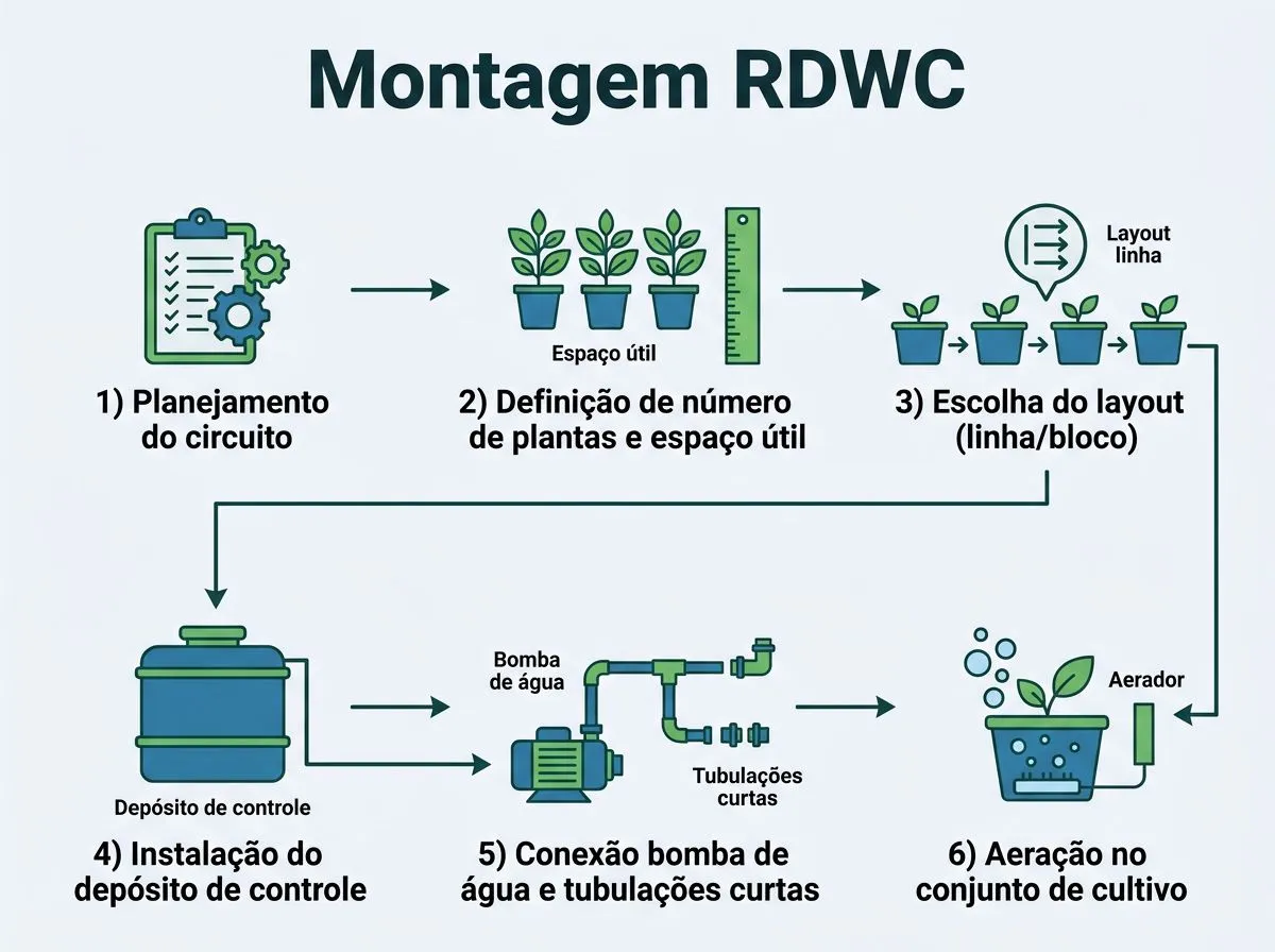 Infográfico mostrando componentes e lógica de instalação de um sistema hidropônico RDWC: depósito de controle, bomba de água, aerador, espaço útil e layout com tubulações curtas.