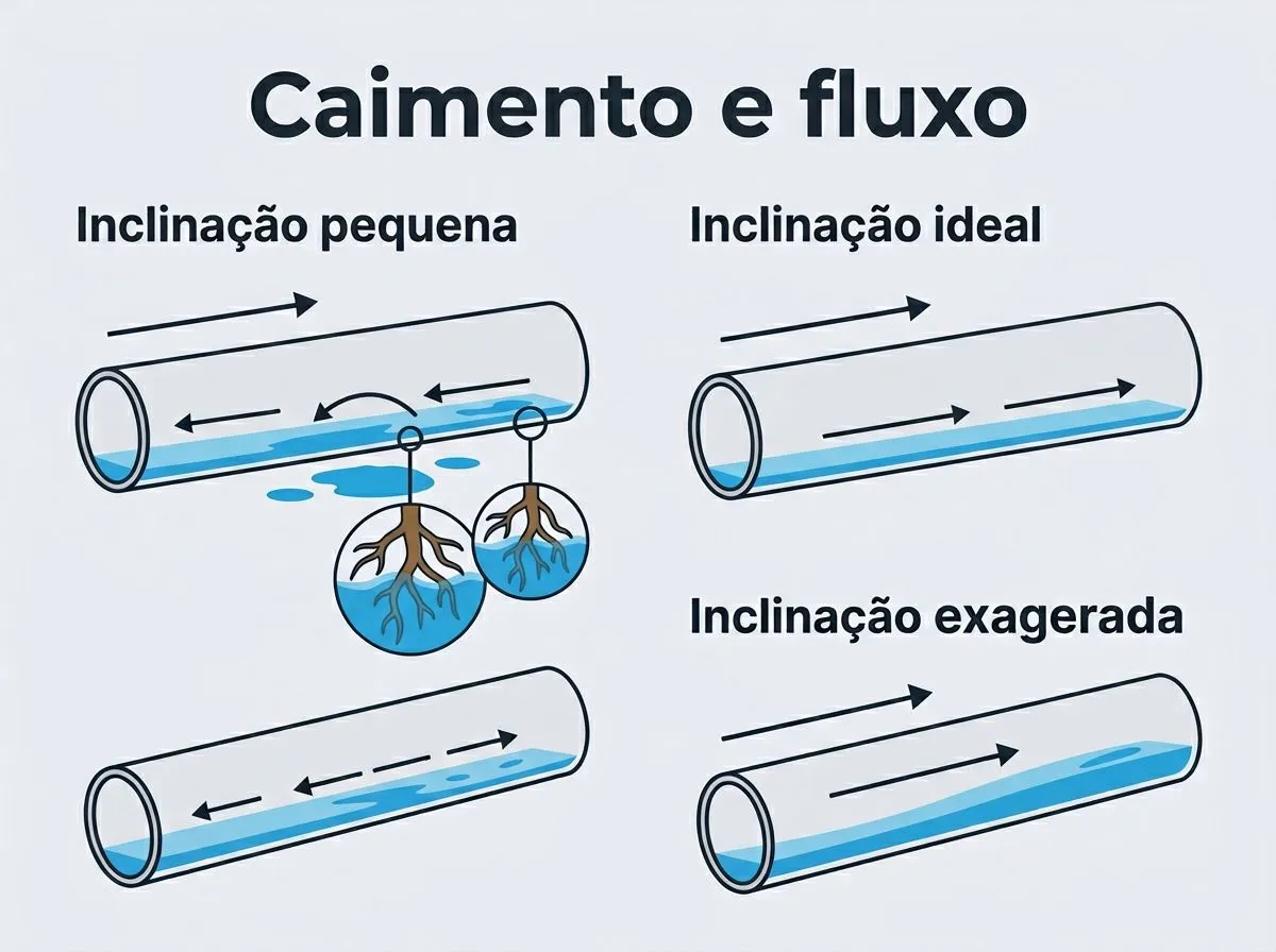 Diagrama explicando caimento e fluxo de água em cano PVC para hidroponia.