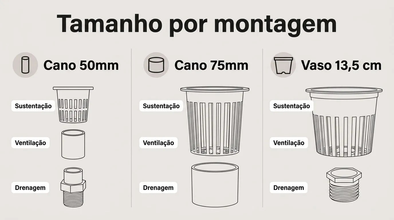 Comparação de tamanhos e formatos de net pot para diferentes montagens de hidroponia.