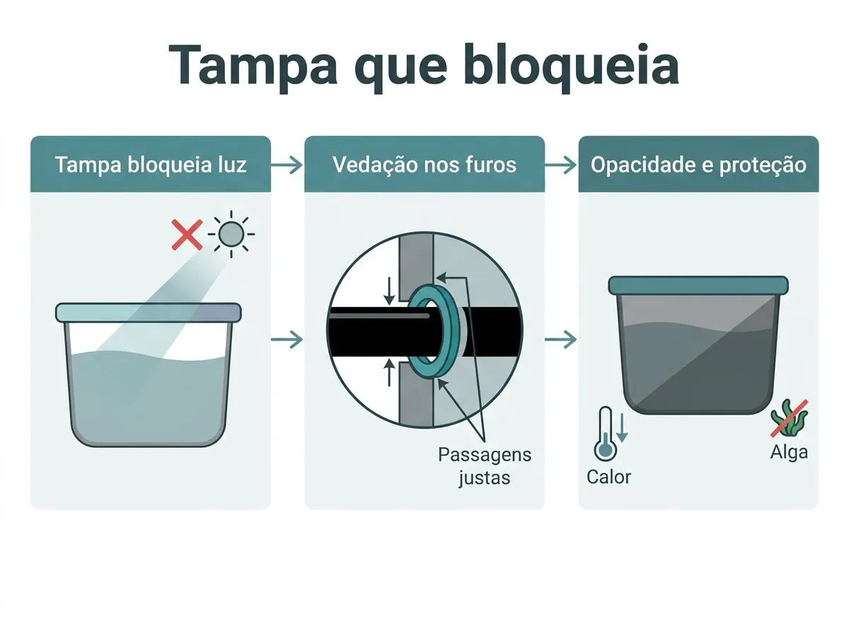 Infográfico com o trio tampa, vedação e opacidade para evitar alga, calor e vazamento em hidroponia em container