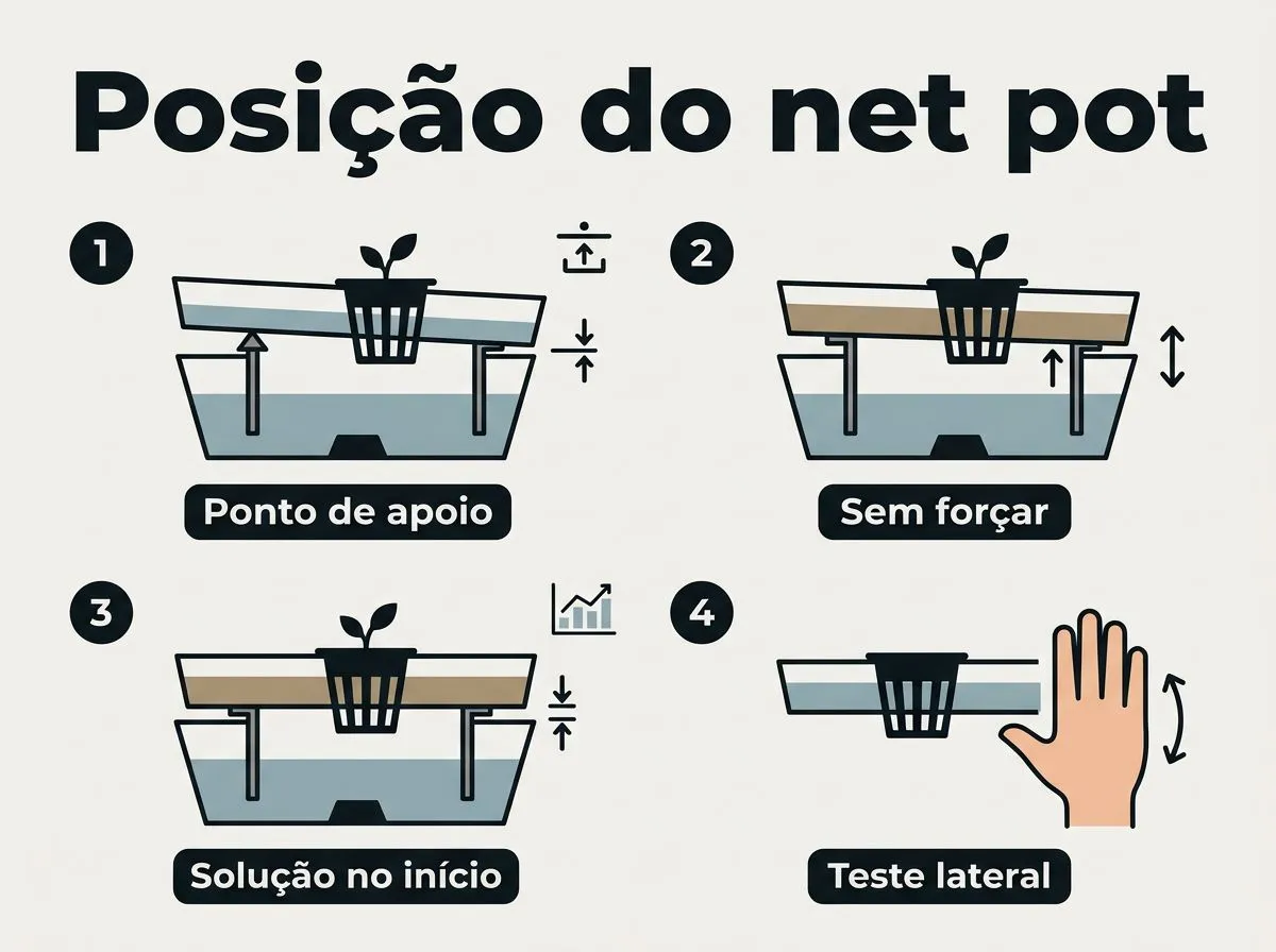Infográfico mostrando como posicionar o net pot corretamente no nível da solução nutritiva e testar estabilidade lateral.