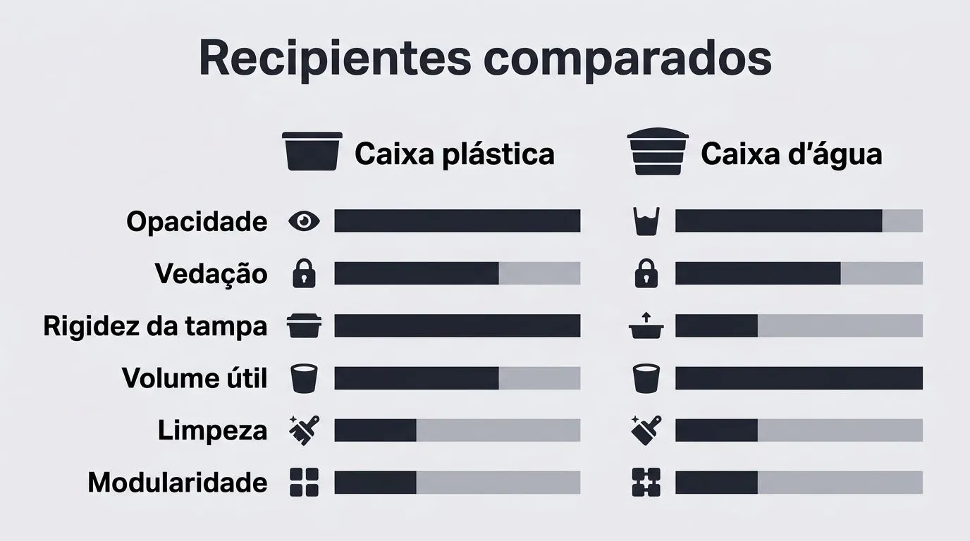 Comparativo visual entre caixa plástica e caixa d’água para hidroponia em container