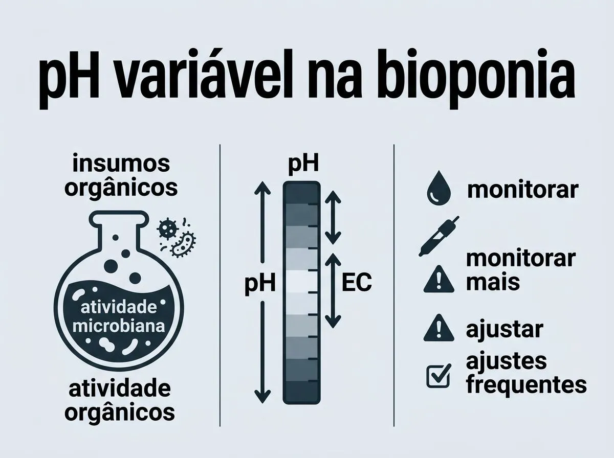 Infográfico mostrando variação de pH e impacto do manejo em bioponia.