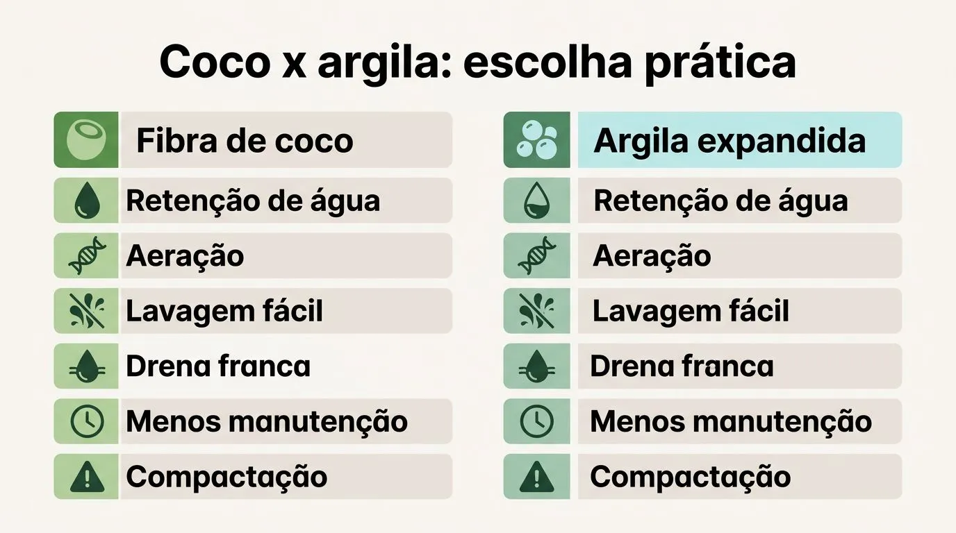 Comparação visual entre fibra de coco e argila expandida para hidroponia em casa