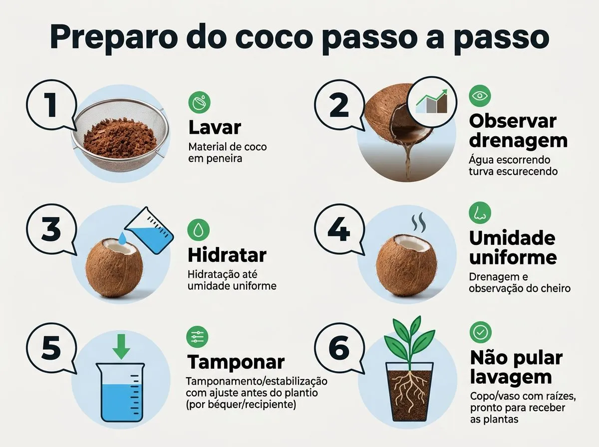 Passo a passo para lavar, hidratar e tamponar fibra de coco antes do plantio