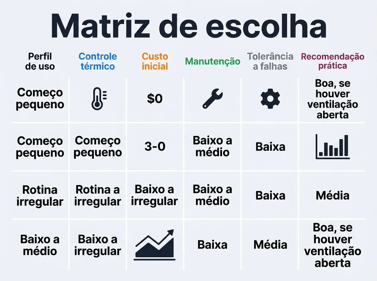 Matriz prática para escolher estrutura, sistema e investimento em hidroponia na estufa