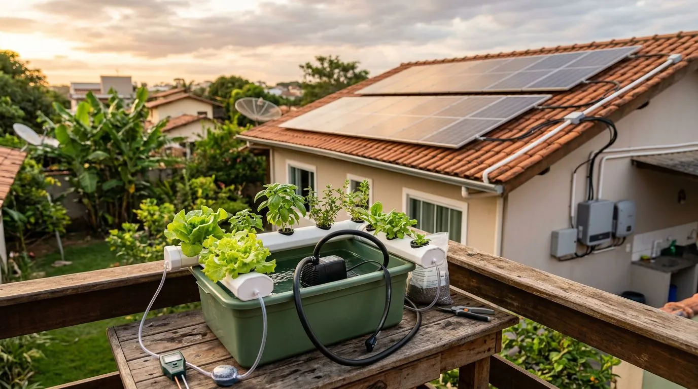 Como alimentar uma hidroponia com energia solar: consumo, baterias e viabilidade no Brasil