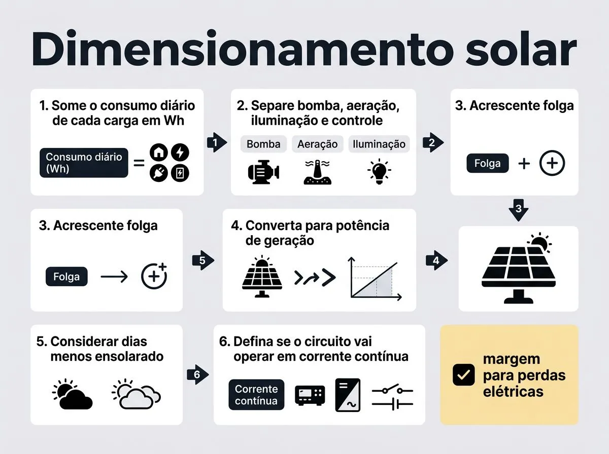 Infográfico mostrando como dimensionar painel solar, controlador e inversor para hidroponia.