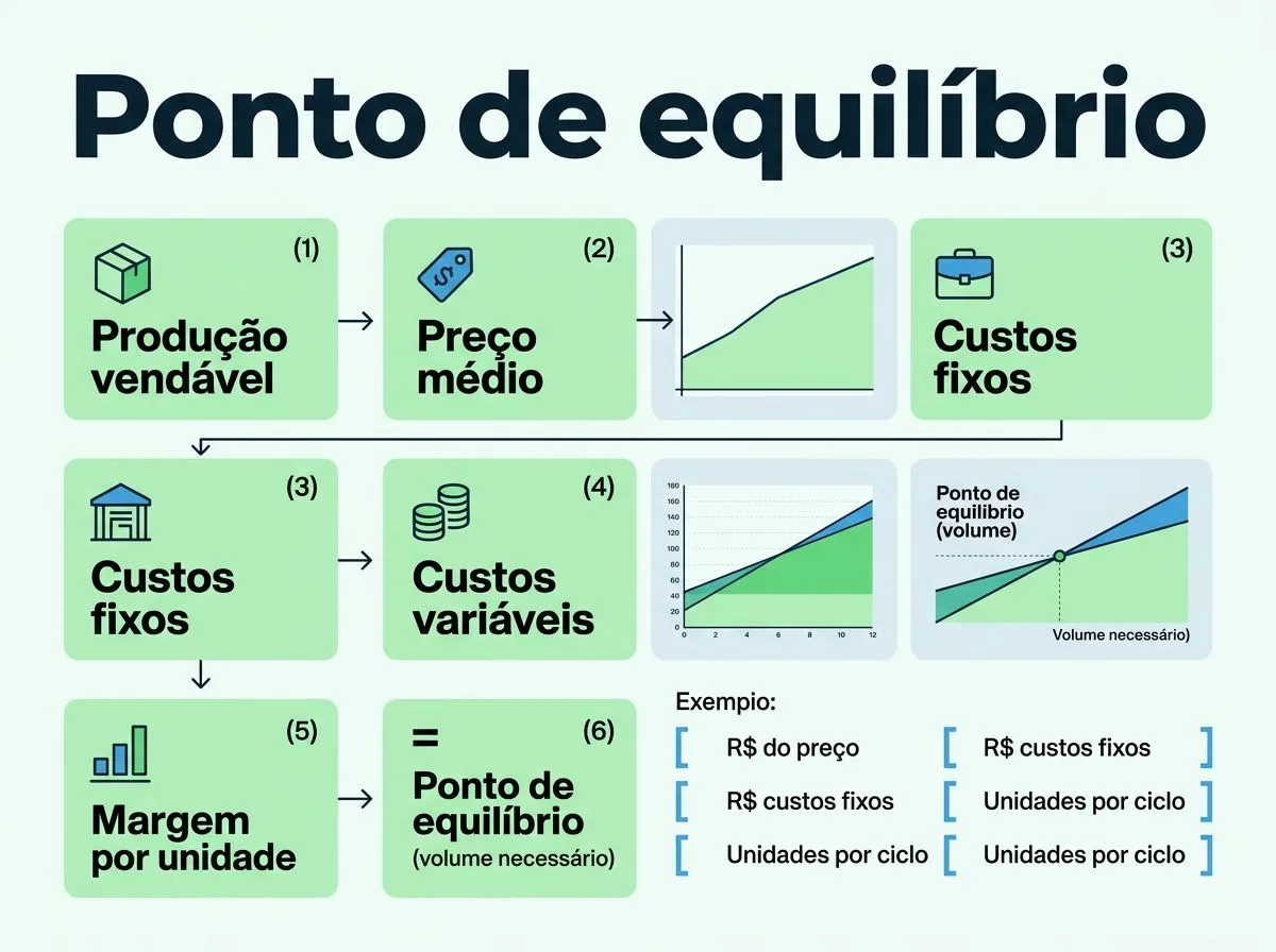 Infográfico mostrando etapas para estimar o ponto de equilíbrio de um negócio hidropônico em casa.