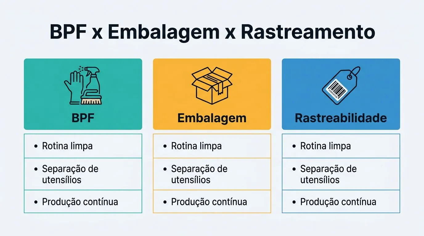 Comparativo visual entre BPF, embalagem e rastreabilidade para reduzir riscos na venda.