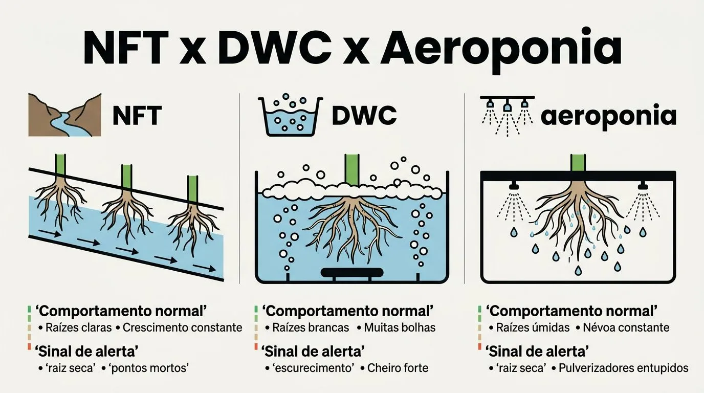 Comparativo visual do comportamento das raízes em NFT, DWC e aeroponia com sinais de alerta.