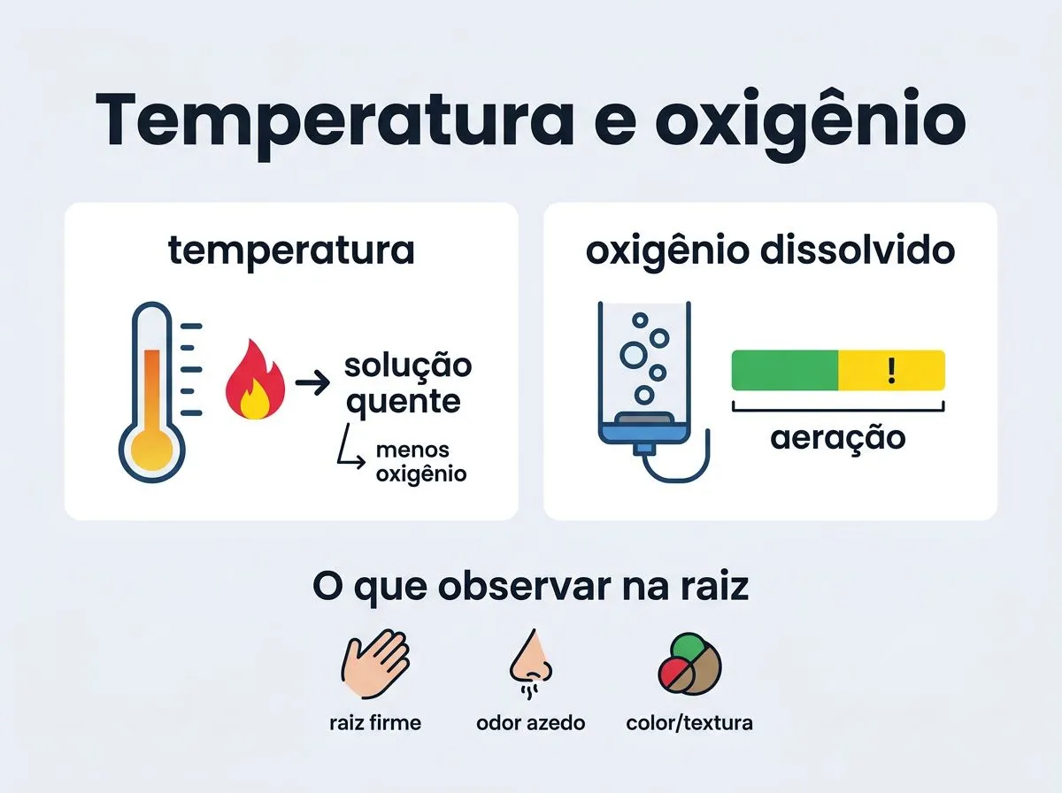 Infográfico com checklist dos impactos de temperatura e oxigênio na raiz em hidroponia.