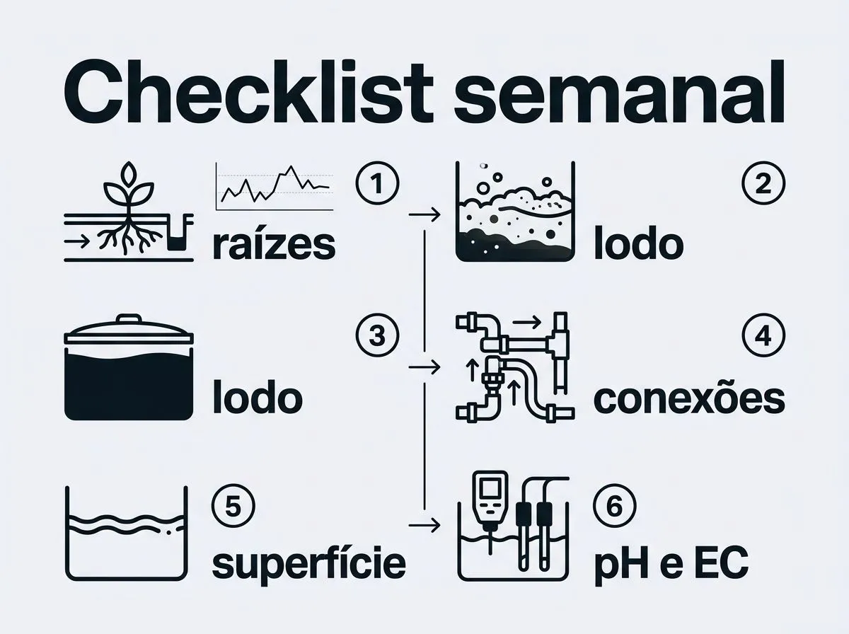 Infográfico com checklist semanal de manutenção preventiva no sistema hidropônico, com ícones para raízes, lodo, conexões, mangueiras, superfície da solução e pH/EC.
