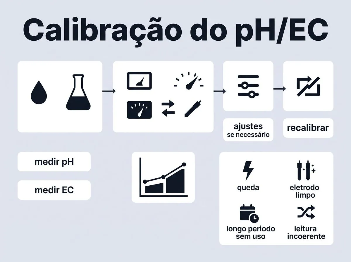 Infográfico com quando medir pH/EC, como confiar na leitura e quando recalibrar o medidor no sistema hidropônico.