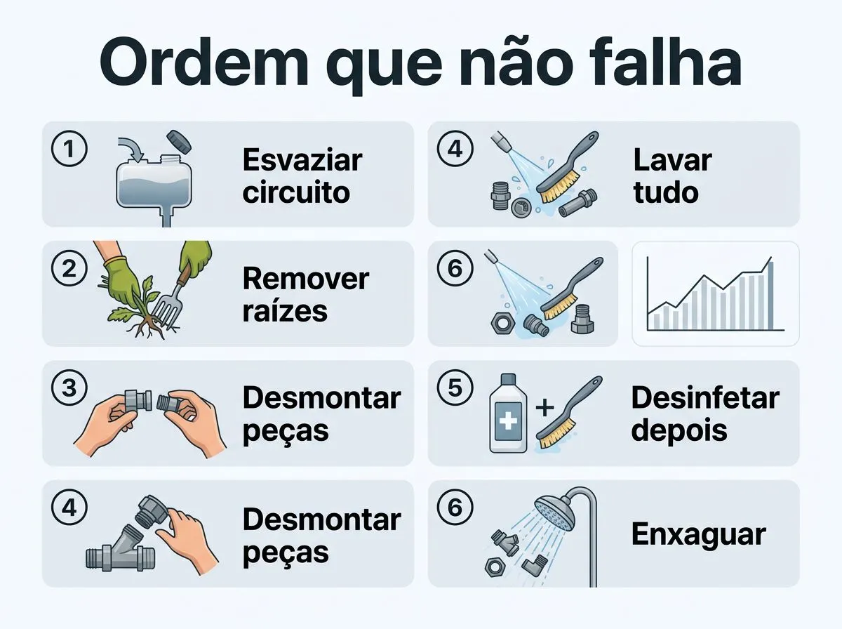 Infográfico em passos para higienizar totalmente o sistema hidropônico entre ciclos, destacando a ordem correta de limpeza e sanitização.