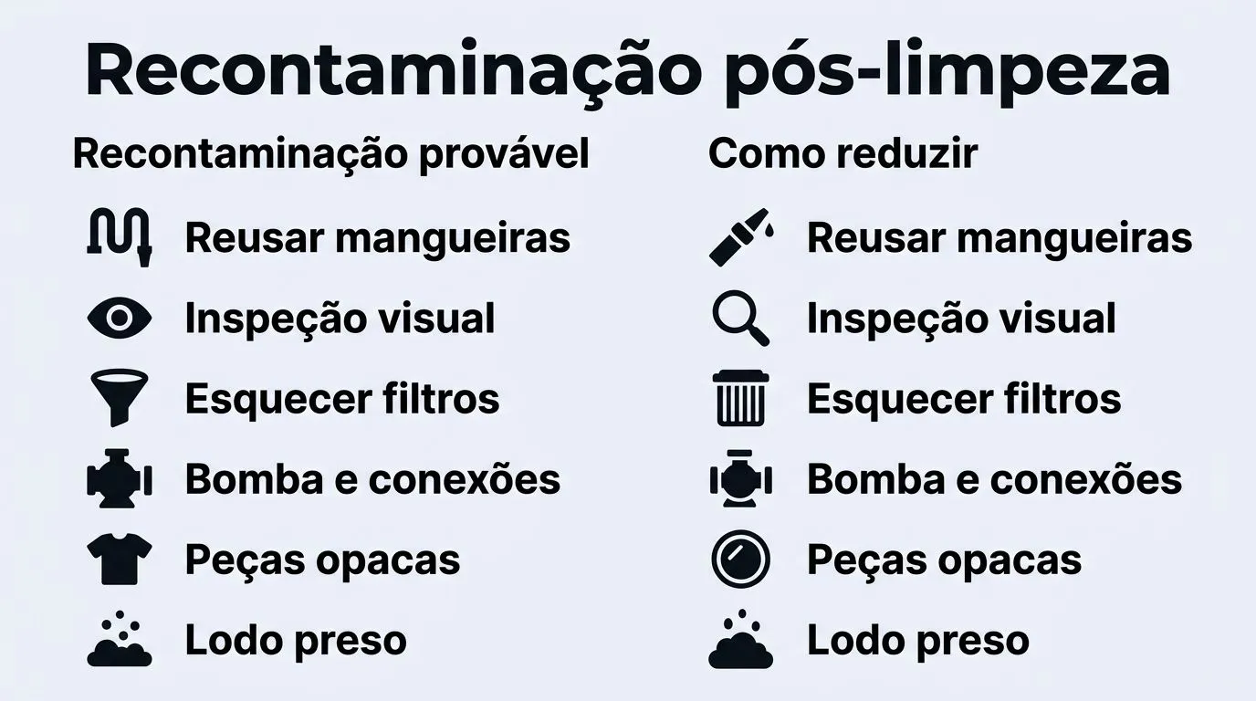 Comparativo em checklist mostrando os pontos que causam recontaminação após a limpeza e as ações para reduzir o risco.