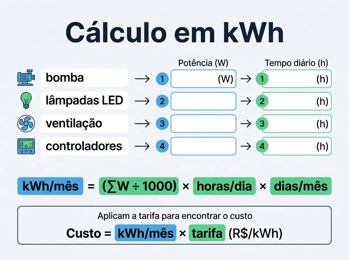 Infográfico mostrando como somar potência e horas de uso para calcular kWh por mês e aplicar a tarifa da conta de luz.